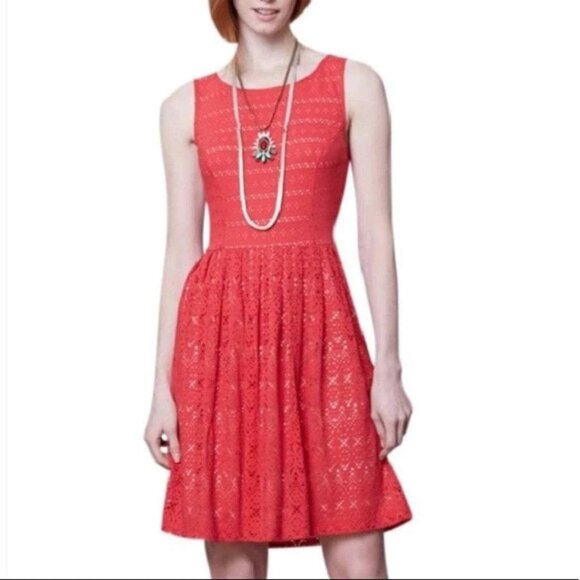 Anthropologie Postmark Dress Sunstream Eyelet Red Boho Prairie Cutout - Picture 2 of 14